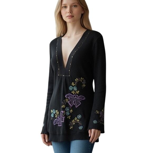 Soul Revival Y2K Waffle Knit Tee Large Black Floral Butterfly Embroidered Boho